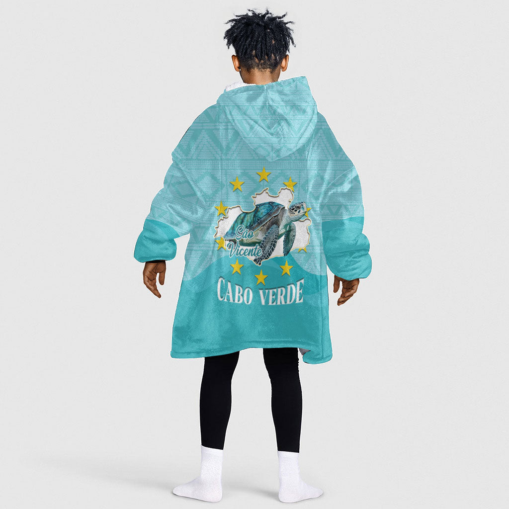 Sao Vincente Cabo Verde Kid Wearable Blanket Hoodie Map With Sea Turtle African Pattern