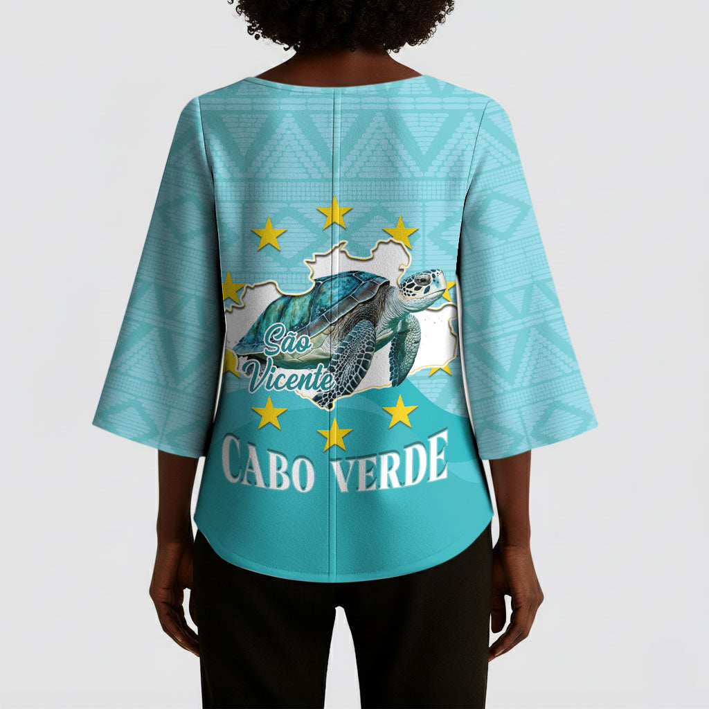 Sao Vincente Cabo Verde Kimono Sleeve Blouse Map With Sea Turtle African Pattern