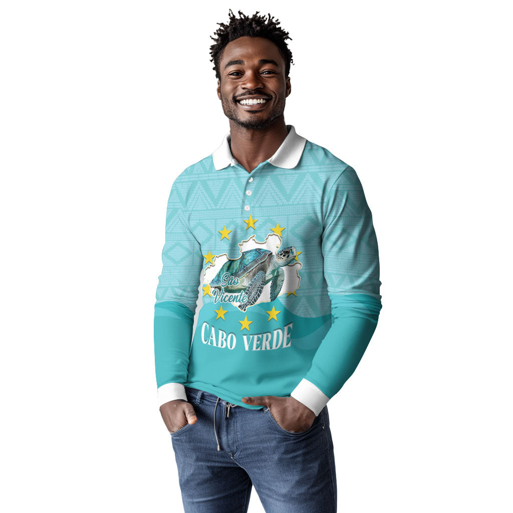 Sao Vincente Cabo Verde Long Sleeve Polo Shirt Map With Sea Turtle African Pattern