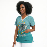 Sao Vincente Cabo Verde Scrub Top Map With Sea Turtle African Pattern
