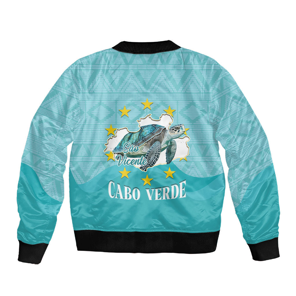 Sao Vincente Cabo Verde Sleeve Zip Bomber Jacket Map With Sea Turtle African Pattern