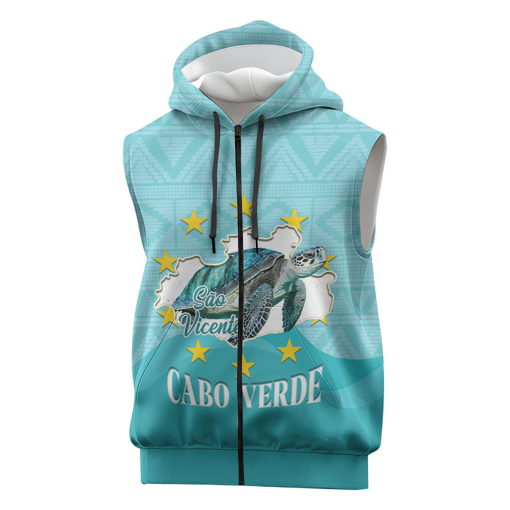 Sao Vincente Cabo Verde Sleeveless Zip Hoodie Map With Sea Turtle African Pattern