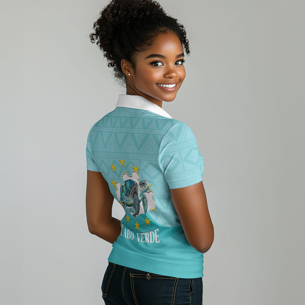 Sao Vincente Cabo Verde Women Polo Shirt Map With Sea Turtle African Pattern