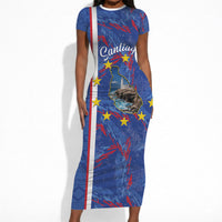 Personalized Santiago Cabo Verde Short Sleeve Bodycon Dress Map With Farol de Dona Maria Pia