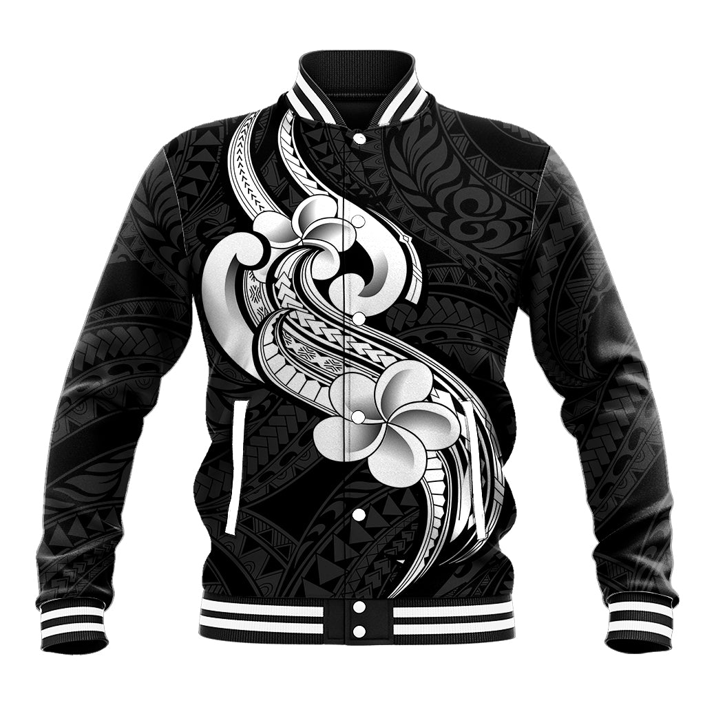Polynesia Baseball Jacket Plumeria With Tribal Pattern Black Vibes - Wonder Print Shop