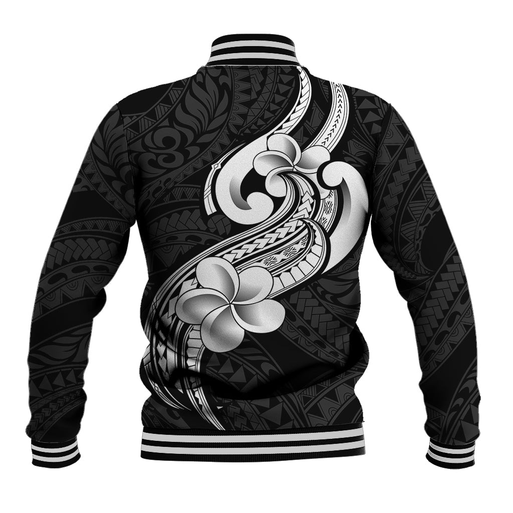 Polynesia Baseball Jacket Plumeria With Tribal Pattern Black Vibes - Wonder Print Shop