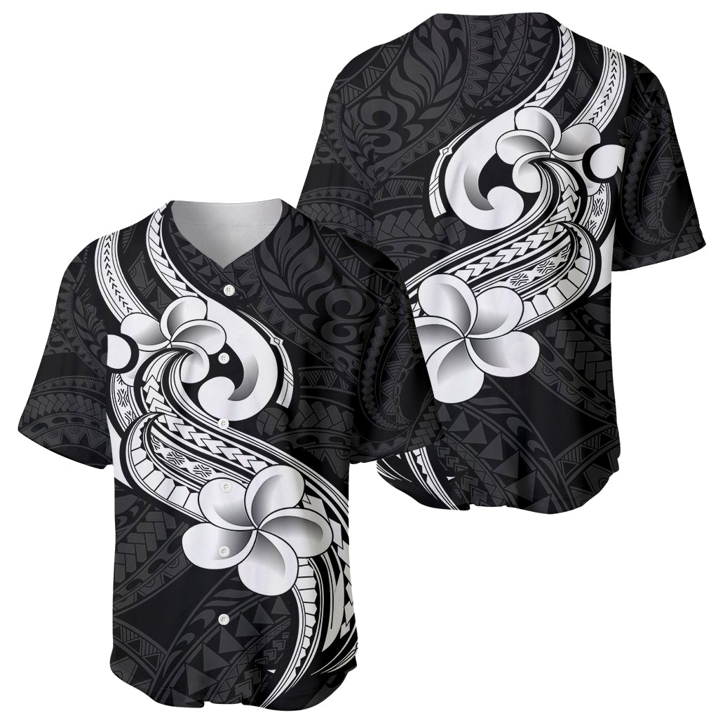 Polynesia Baseball Jersey Plumeria With Tribal Pattern Black Vibes - Wonder Print Shop