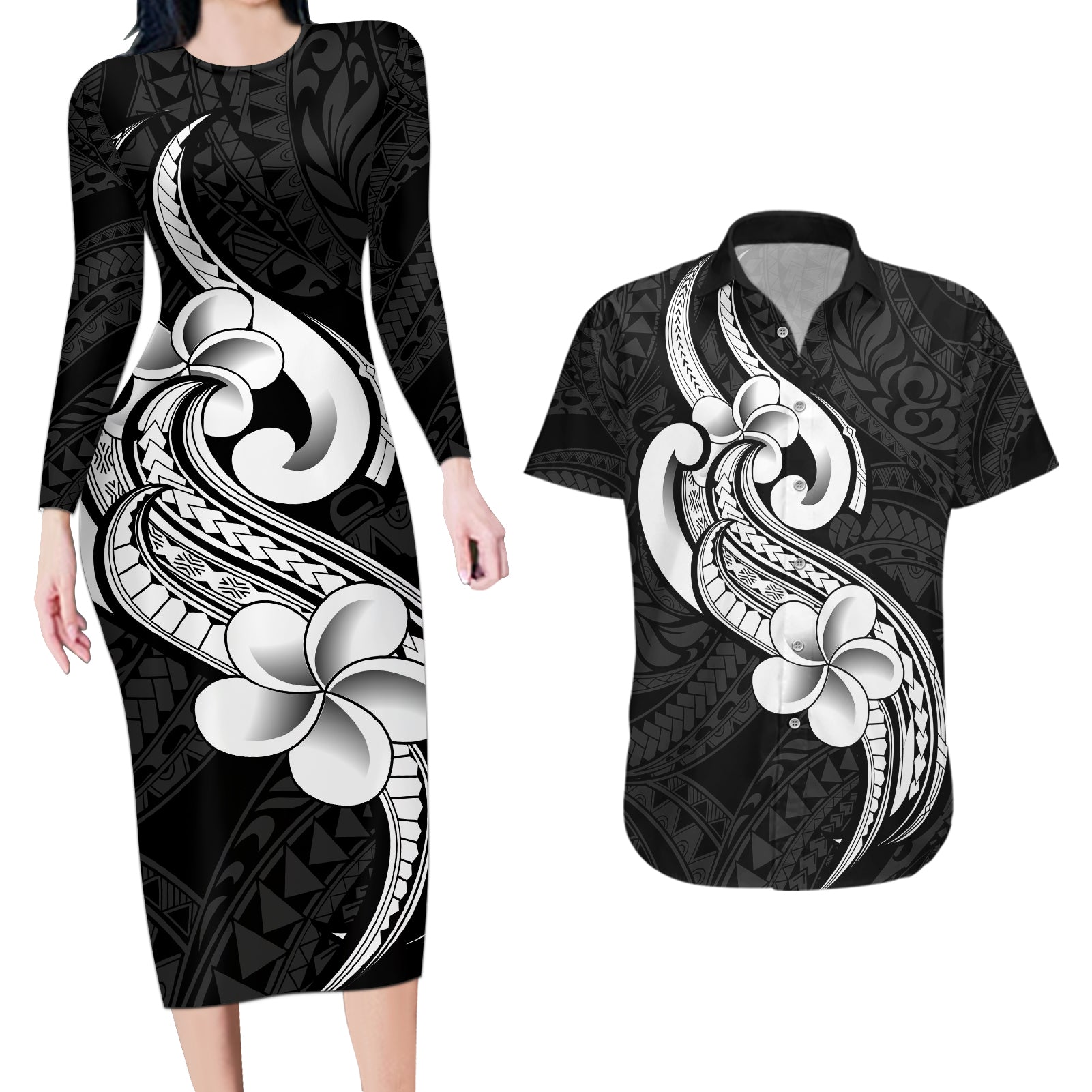 Polynesia Couples Matching Long Sleeve Bodycon Dress and Hawaiian Shirt Plumeria With Tribal Pattern Black Vibes - Wonder Print Shop