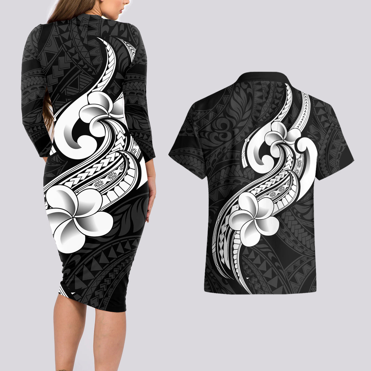 Polynesia Couples Matching Long Sleeve Bodycon Dress and Hawaiian Shirt Plumeria With Tribal Pattern Black Vibes - Wonder Print Shop