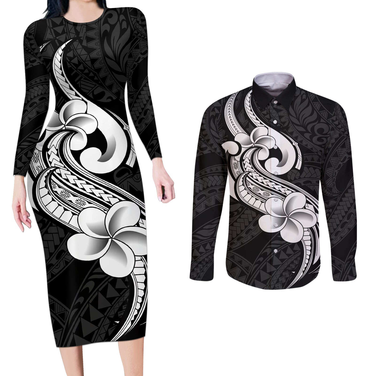 Polynesia Couples Matching Long Sleeve Bodycon Dress and Long Sleeve Button Shirts Plumeria With Tribal Pattern Black Vibes - Wonder Print Shop