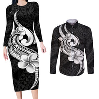 Polynesia Couples Matching Long Sleeve Bodycon Dress and Long Sleeve Button Shirts Plumeria With Tribal Pattern Black Vibes - Wonder Print Shop