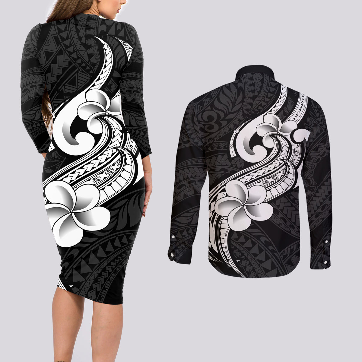 Polynesia Couples Matching Long Sleeve Bodycon Dress and Long Sleeve Button Shirts Plumeria With Tribal Pattern Black Vibes - Wonder Print Shop