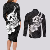Polynesia Couples Matching Long Sleeve Bodycon Dress and Long Sleeve Button Shirts Plumeria With Tribal Pattern Black Vibes - Wonder Print Shop