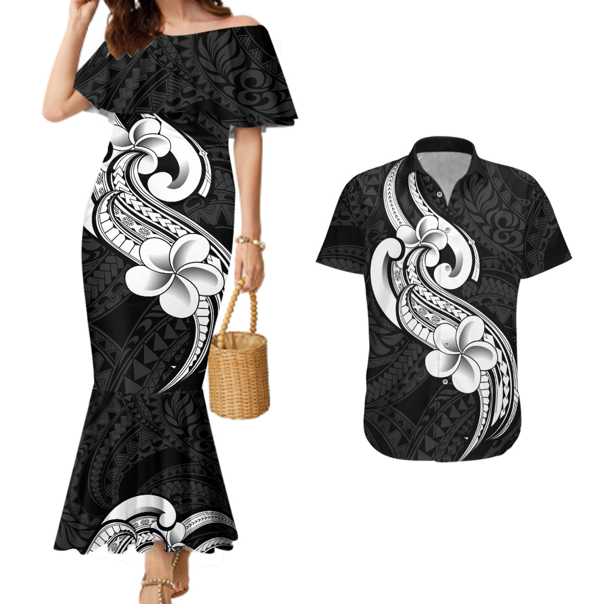 Polynesia Couples Matching Mermaid Dress and Hawaiian Shirt Plumeria With Tribal Pattern Black Vibes - Wonder Print Shop