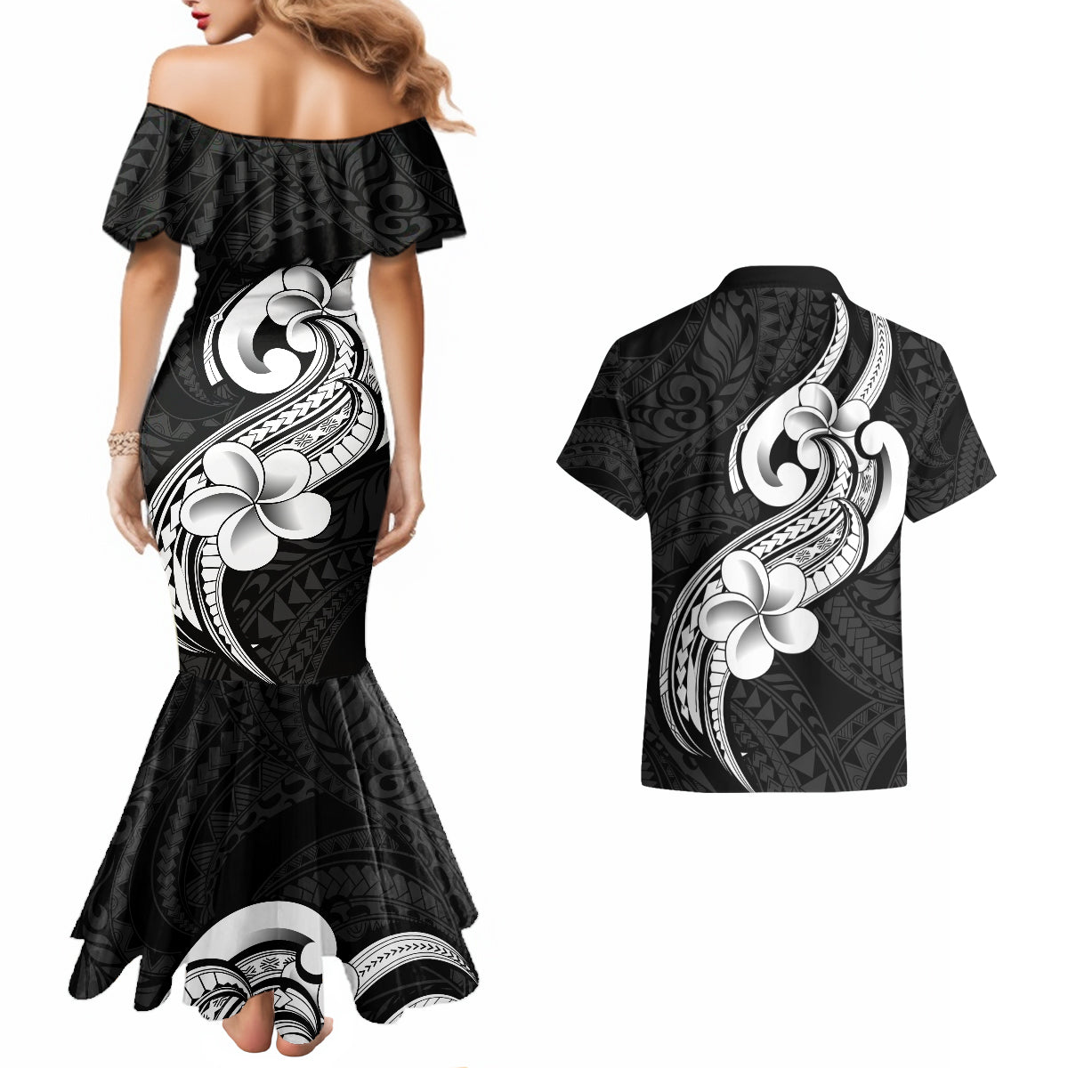 Polynesia Couples Matching Mermaid Dress and Hawaiian Shirt Plumeria With Tribal Pattern Black Vibes - Wonder Print Shop