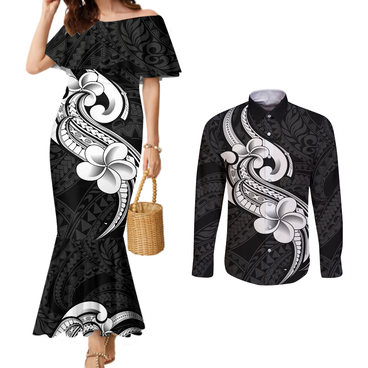 polynesia-couples-matching-mermaid-dress-and-long-sleeve-button-shirts-plumeria-with-tribal-pattern-black-vibes