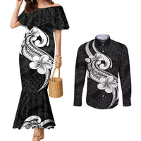 polynesia-couples-matching-mermaid-dress-and-long-sleeve-button-shirts-plumeria-with-tribal-pattern-black-vibes