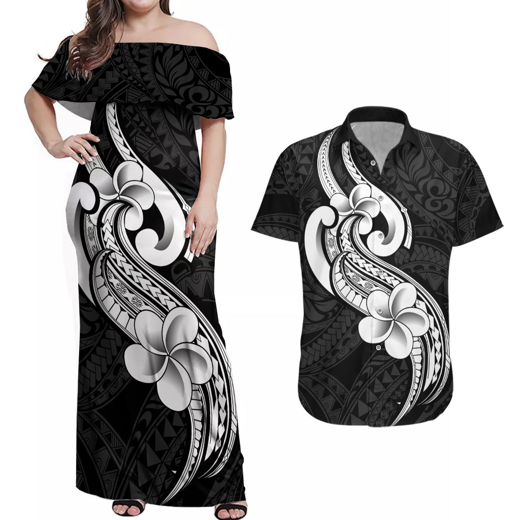 Polynesia Couples Matching Off Shoulder Maxi Dress and Hawaiian Shirt Plumeria With Tribal Pattern Black Vibes - Wonder Print Shop