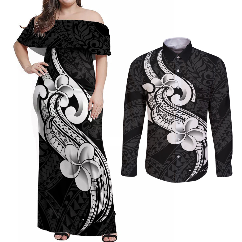Polynesia Couples Matching Off Shoulder Maxi Dress and Long Sleeve Button Shirts Plumeria With Tribal Pattern Black Vibes - Wonder Print Shop