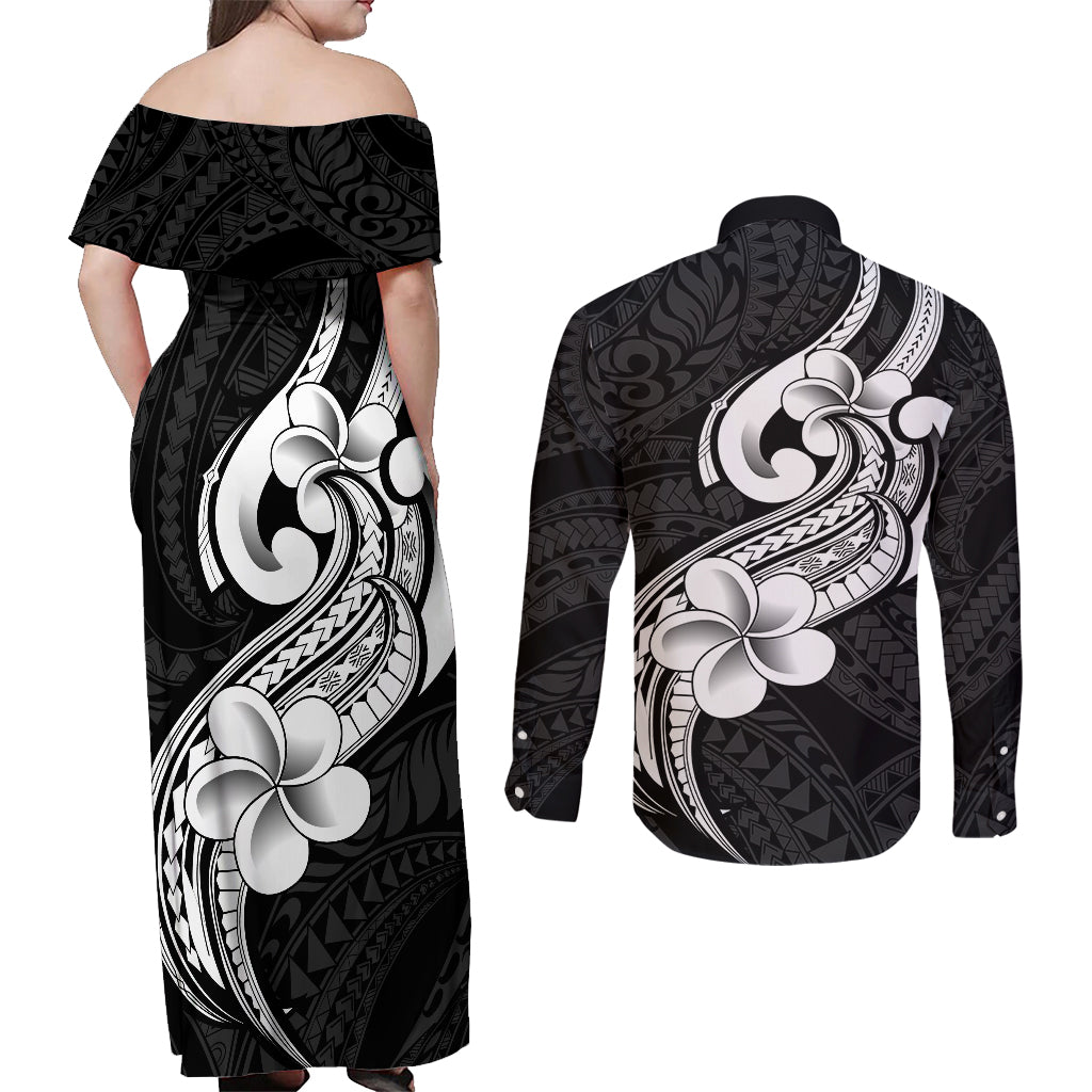 Polynesia Couples Matching Off Shoulder Maxi Dress and Long Sleeve Button Shirts Plumeria With Tribal Pattern Black Vibes - Wonder Print Shop
