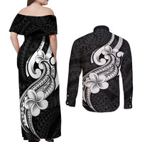 Polynesia Couples Matching Off Shoulder Maxi Dress and Long Sleeve Button Shirts Plumeria With Tribal Pattern Black Vibes - Wonder Print Shop