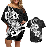 Polynesia Couples Matching Off Shoulder Short Dress and Hawaiian Shirt Plumeria With Tribal Pattern Black Vibes - Wonder Print Shop