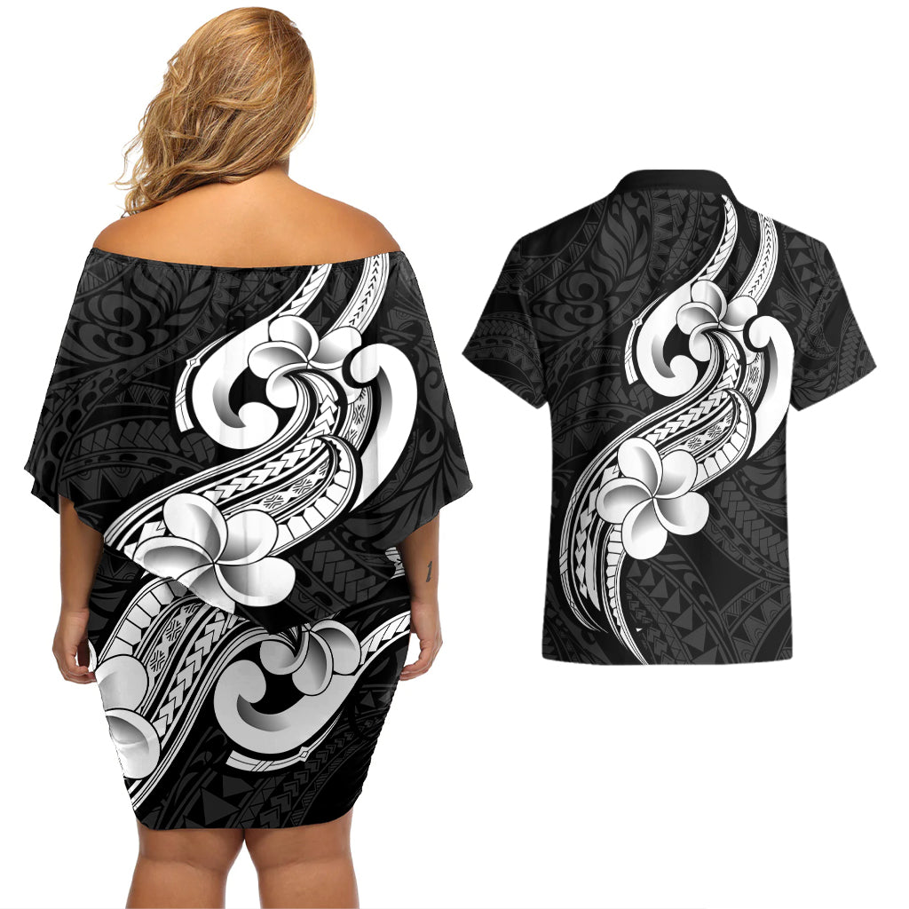 Polynesia Couples Matching Off Shoulder Short Dress and Hawaiian Shirt Plumeria With Tribal Pattern Black Vibes - Wonder Print Shop