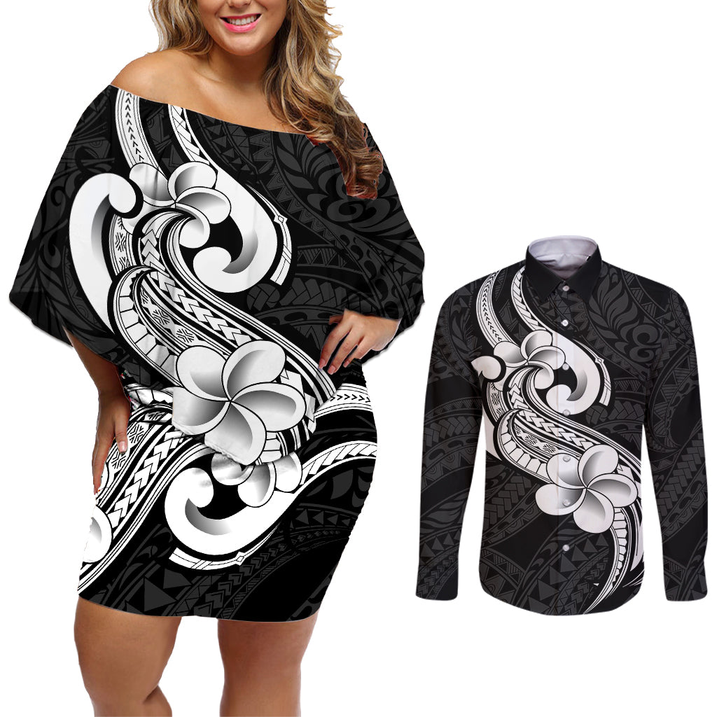 Polynesia Couples Matching Off Shoulder Short Dress and Long Sleeve Button Shirts Plumeria With Tribal Pattern Black Vibes - Wonder Print Shop