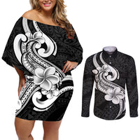 Polynesia Couples Matching Off Shoulder Short Dress and Long Sleeve Button Shirts Plumeria With Tribal Pattern Black Vibes - Wonder Print Shop