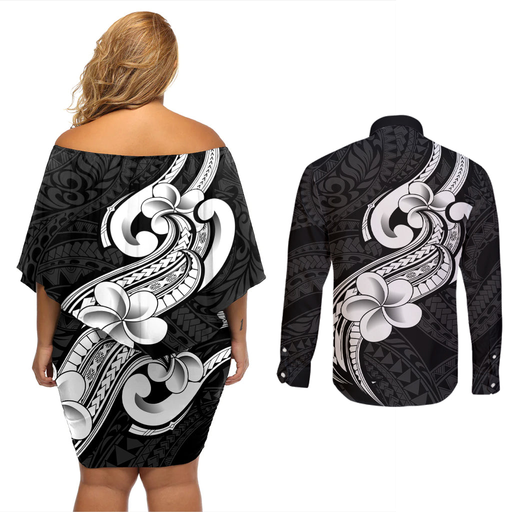 Polynesia Couples Matching Off Shoulder Short Dress and Long Sleeve Button Shirts Plumeria With Tribal Pattern Black Vibes - Wonder Print Shop