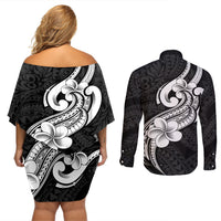 Polynesia Couples Matching Off Shoulder Short Dress and Long Sleeve Button Shirts Plumeria With Tribal Pattern Black Vibes - Wonder Print Shop