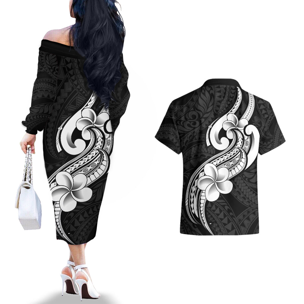 Polynesia Couples Matching Off The Shoulder Long Sleeve Dress and Hawaiian Shirt Plumeria With Tribal Pattern Black Vibes - Wonder Print Shop