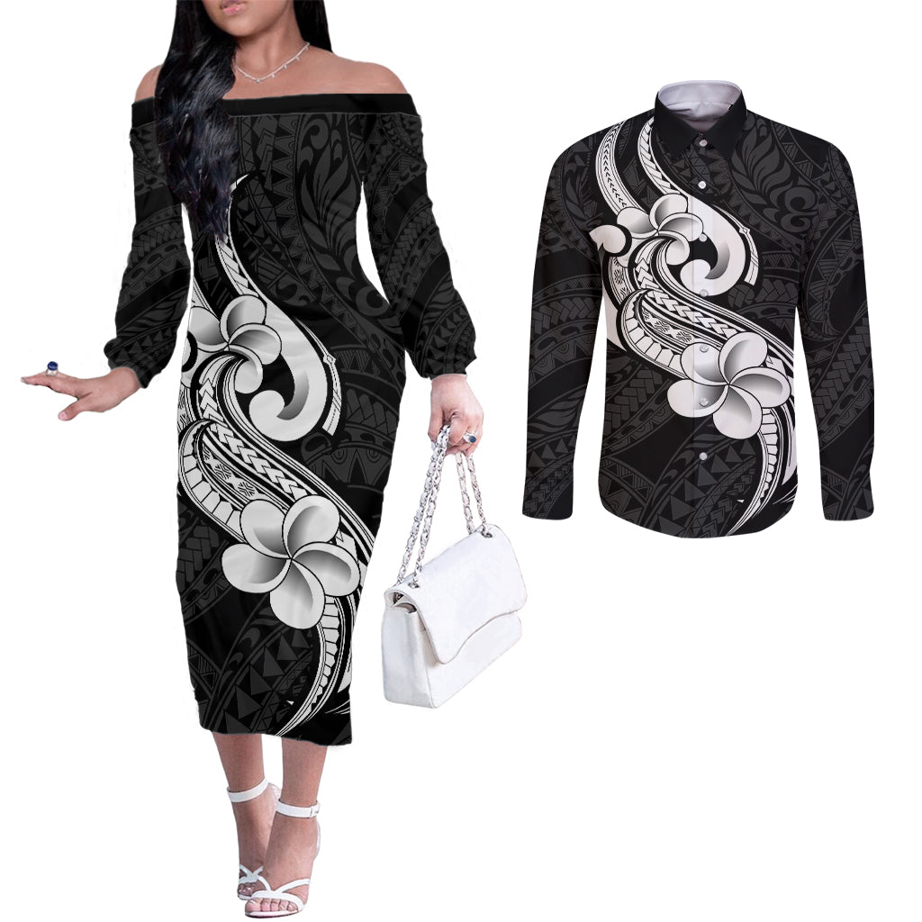 polynesia-couples-matching-off-the-shoulder-long-sleeve-dress-and-long-sleeve-button-shirts-plumeria-with-tribal-pattern-black-vibes