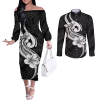 polynesia-couples-matching-off-the-shoulder-long-sleeve-dress-and-long-sleeve-button-shirts-plumeria-with-tribal-pattern-black-vibes