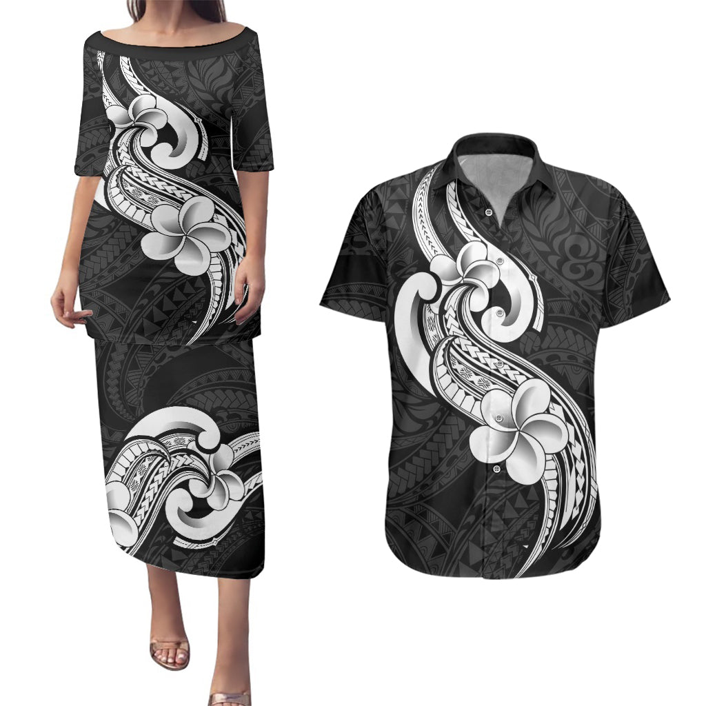 Polynesia Couples Matching Puletasi Dress and Hawaiian Shirt Plumeria With Tribal Pattern Black Vibes - Wonder Print Shop
