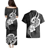 Polynesia Couples Matching Puletasi Dress and Hawaiian Shirt Plumeria With Tribal Pattern Black Vibes - Wonder Print Shop