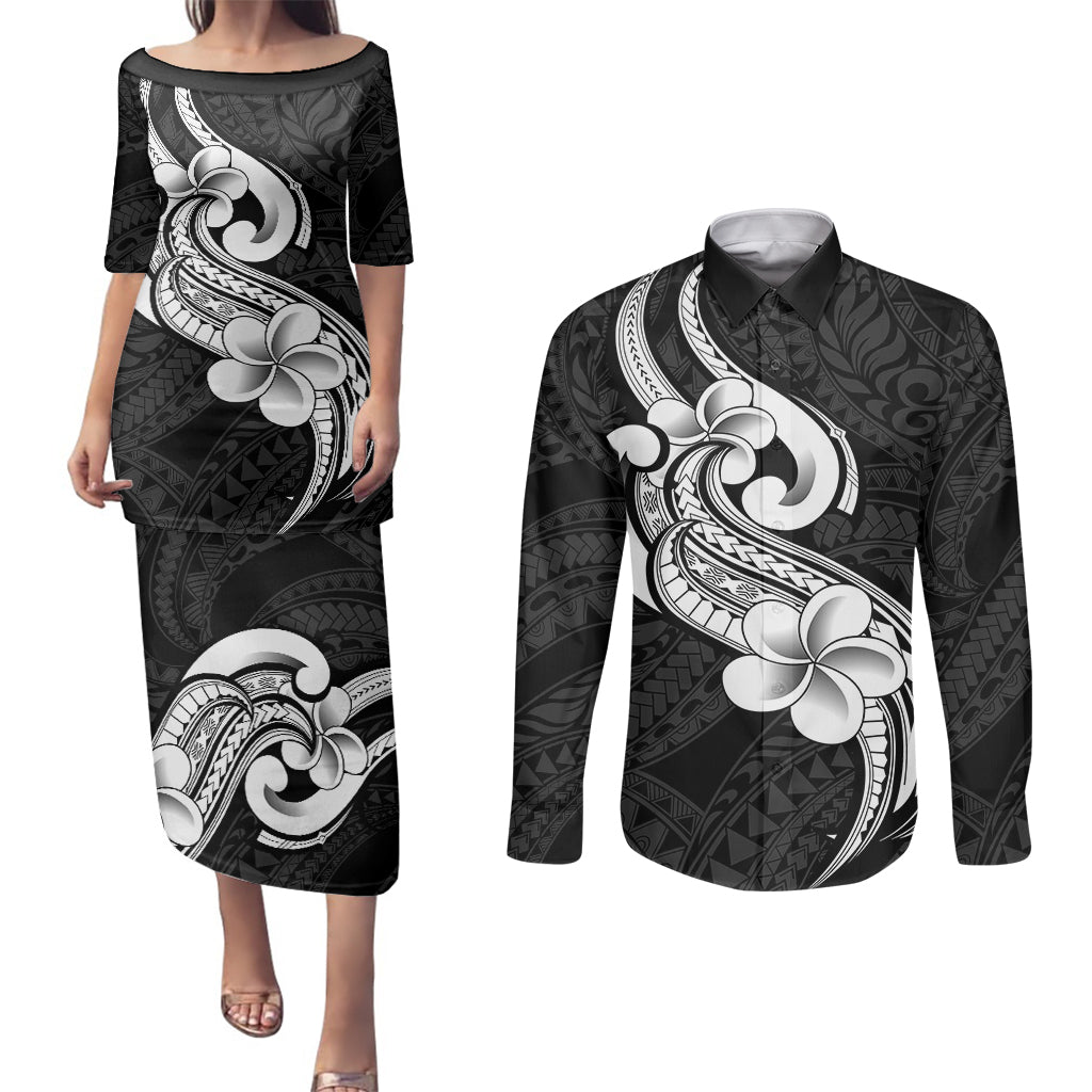 Polynesia Couples Matching Puletasi Dress and Long Sleeve Button Shirts Plumeria With Tribal Pattern Black Vibes - Wonder Print Shop