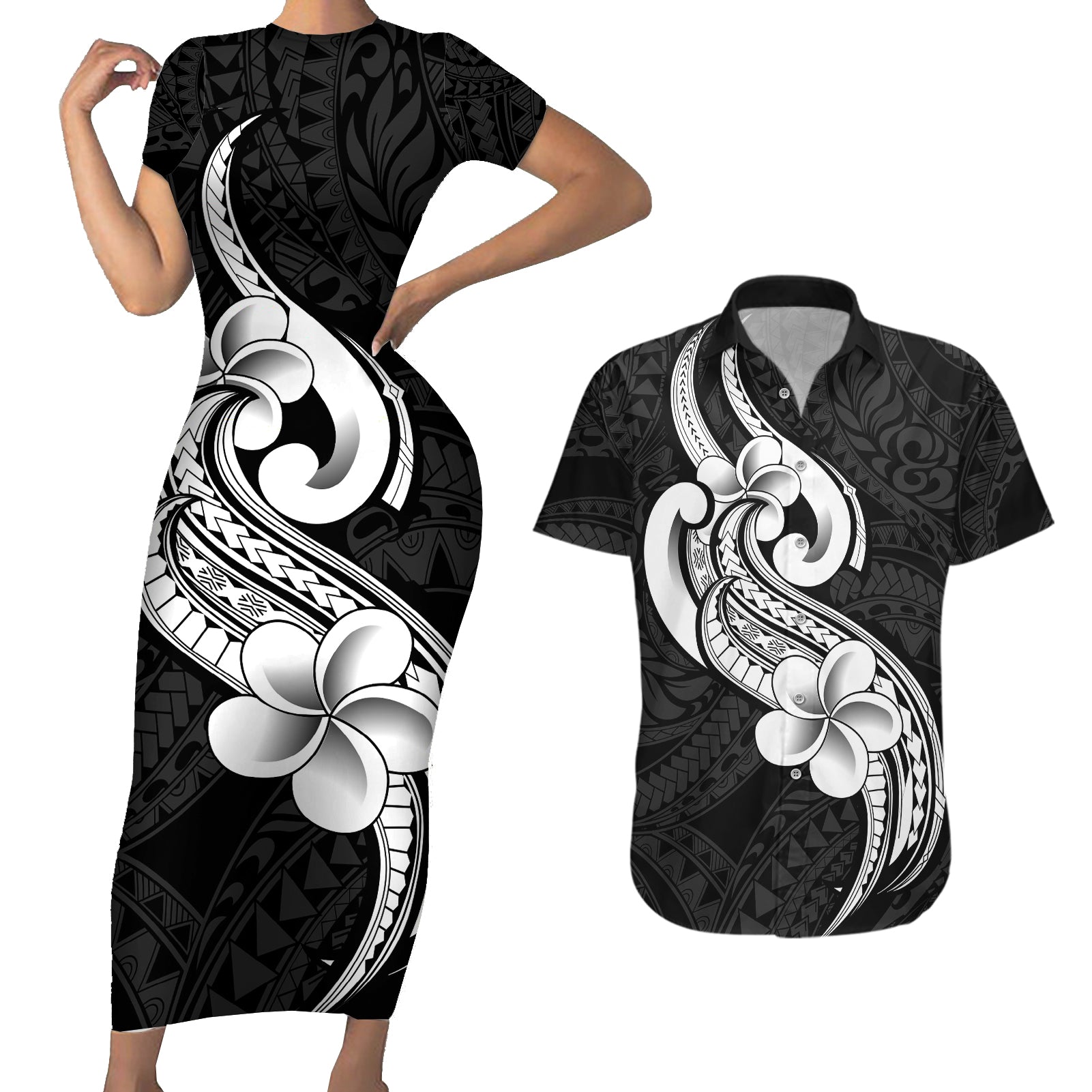 Polynesia Couples Matching Short Sleeve Bodycon Dress and Hawaiian Shirt Plumeria With Tribal Pattern Black Vibes - Wonder Print Shop