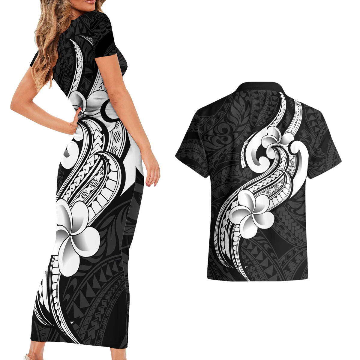 Polynesia Couples Matching Short Sleeve Bodycon Dress and Hawaiian Shirt Plumeria With Tribal Pattern Black Vibes - Wonder Print Shop