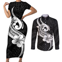Polynesia Couples Matching Short Sleeve Bodycon Dress and Long Sleeve Button Shirts Plumeria With Tribal Pattern Black Vibes - Wonder Print Shop