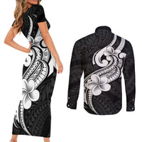 Polynesia Couples Matching Short Sleeve Bodycon Dress and Long Sleeve Button Shirts Plumeria With Tribal Pattern Black Vibes - Wonder Print Shop