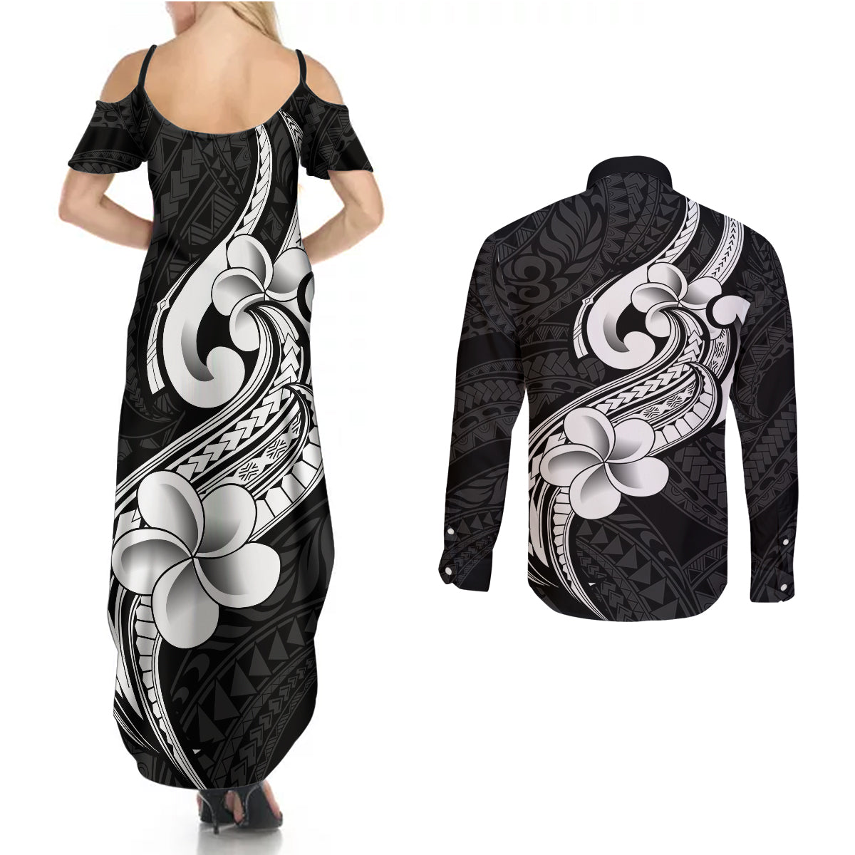 Polynesia Couples Matching Summer Maxi Dress and Long Sleeve Button Shirts Plumeria With Tribal Pattern Black Vibes - Wonder Print Shop
