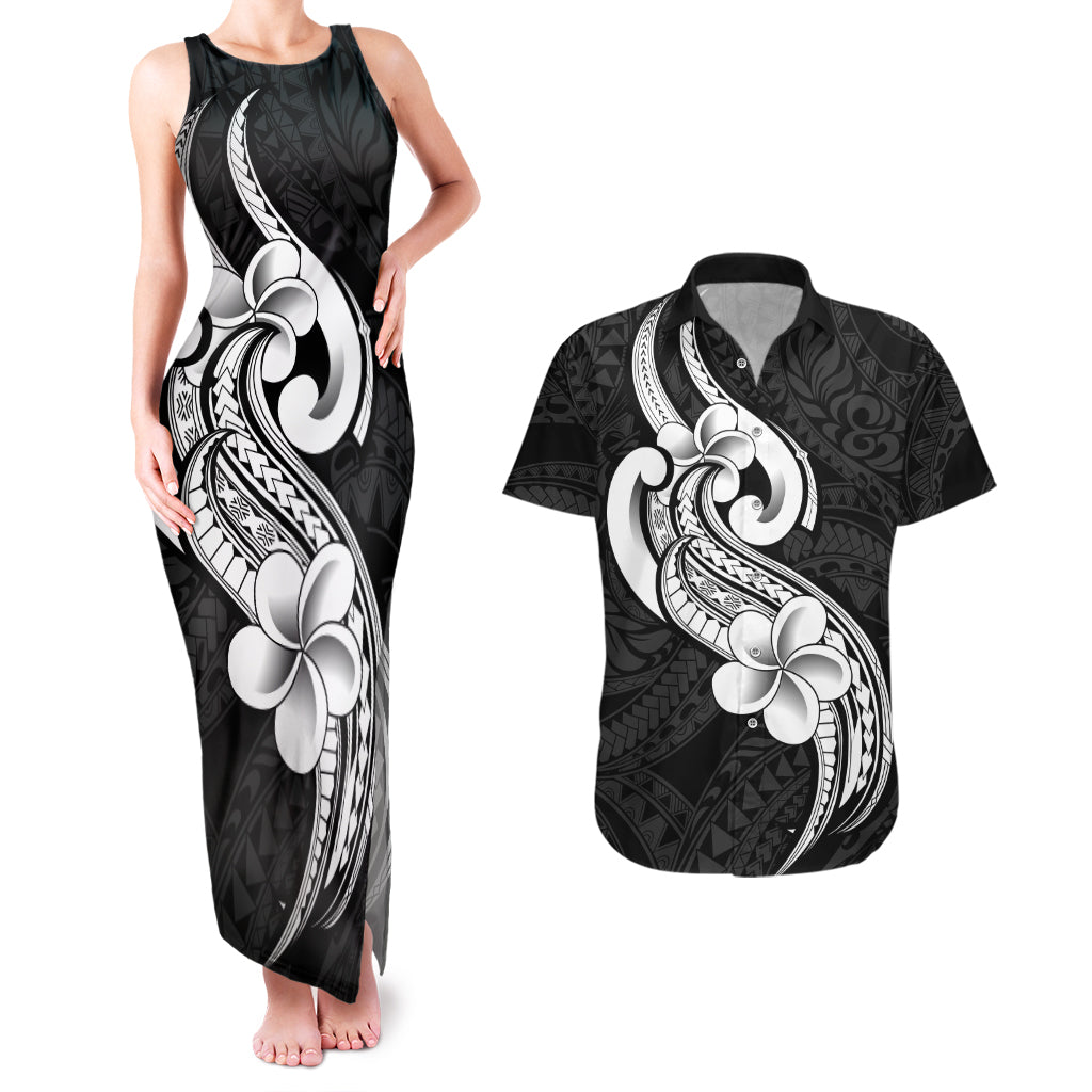 Polynesia Couples Matching Tank Maxi Dress and Hawaiian Shirt Plumeria With Tribal Pattern Black Vibes - Wonder Print Shop