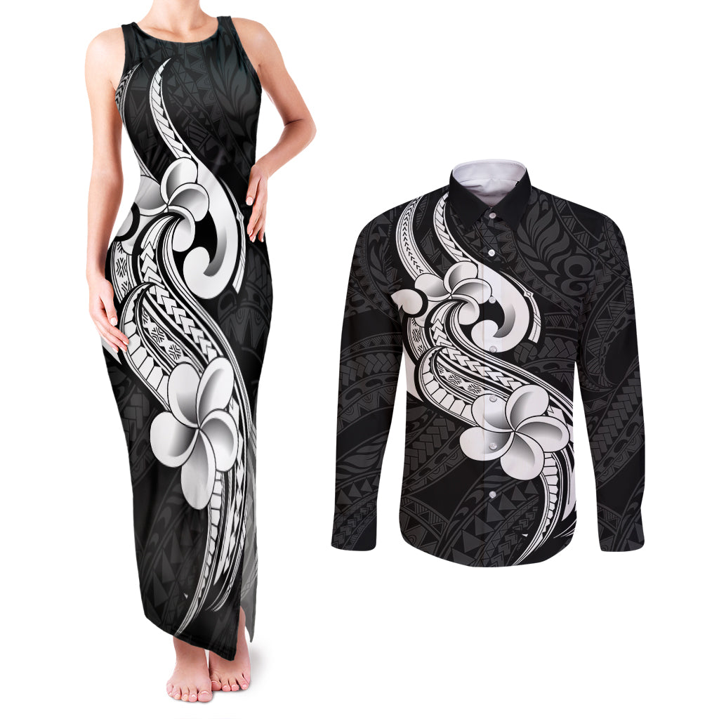 Polynesia Couples Matching Tank Maxi Dress and Long Sleeve Button Shirts Plumeria With Tribal Pattern Black Vibes - Wonder Print Shop