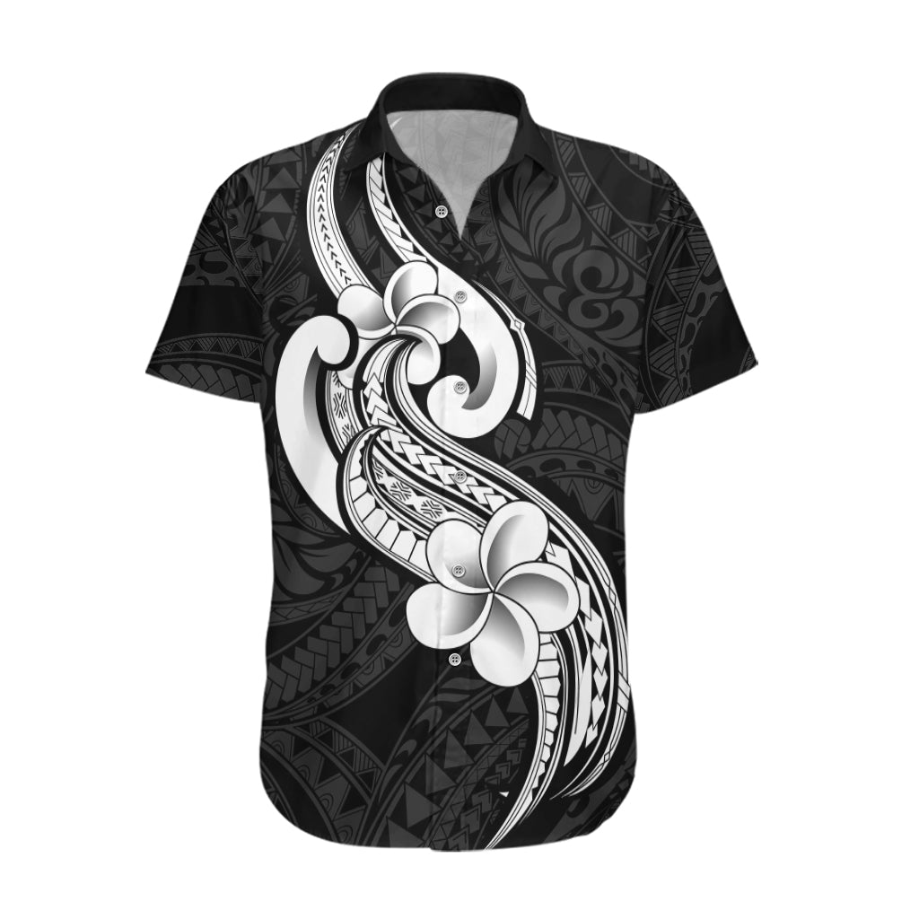 Polynesia Hawaiian Shirt Plumeria With Tribal Pattern Black Vibes - Wonder Print Shop