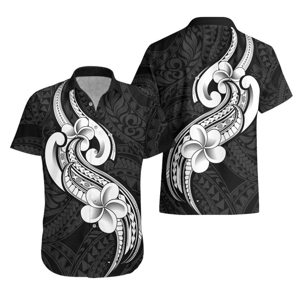 Polynesia Hawaiian Shirt Plumeria With Tribal Pattern Black Vibes - Wonder Print Shop