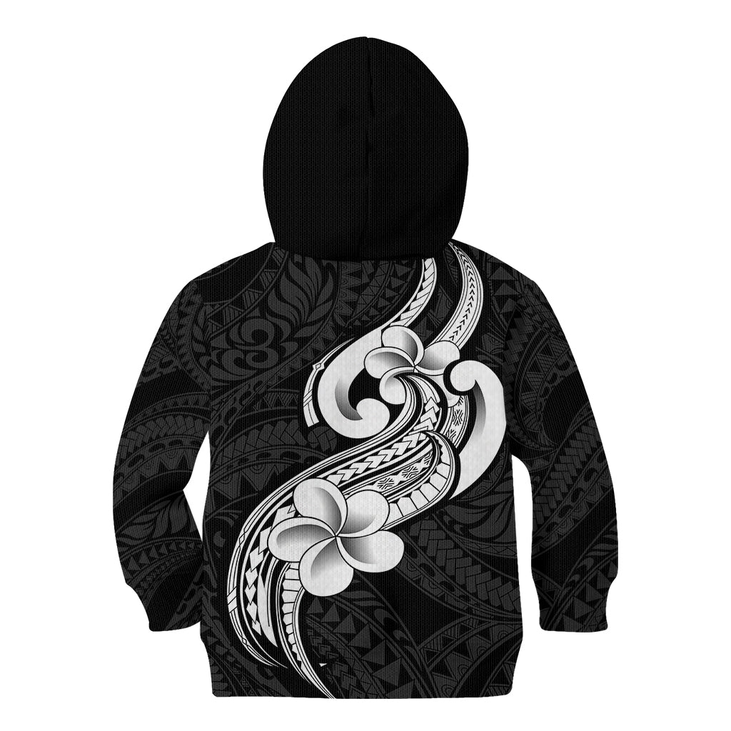 Polynesia Kid Hoodie Plumeria With Tribal Pattern Black Vibes - Wonder Print Shop