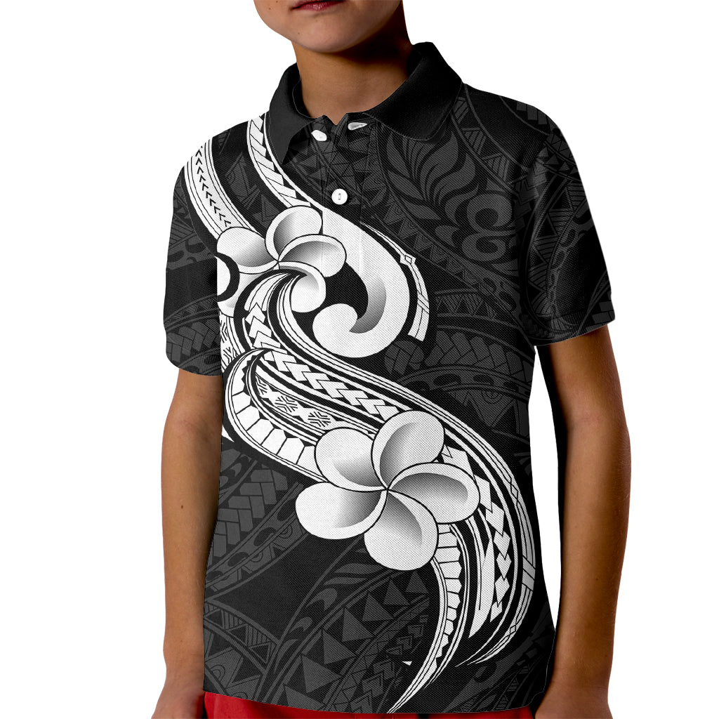 Polynesia Kid Polo Shirt Plumeria With Tribal Pattern Black Vibes - Wonder Print Shop