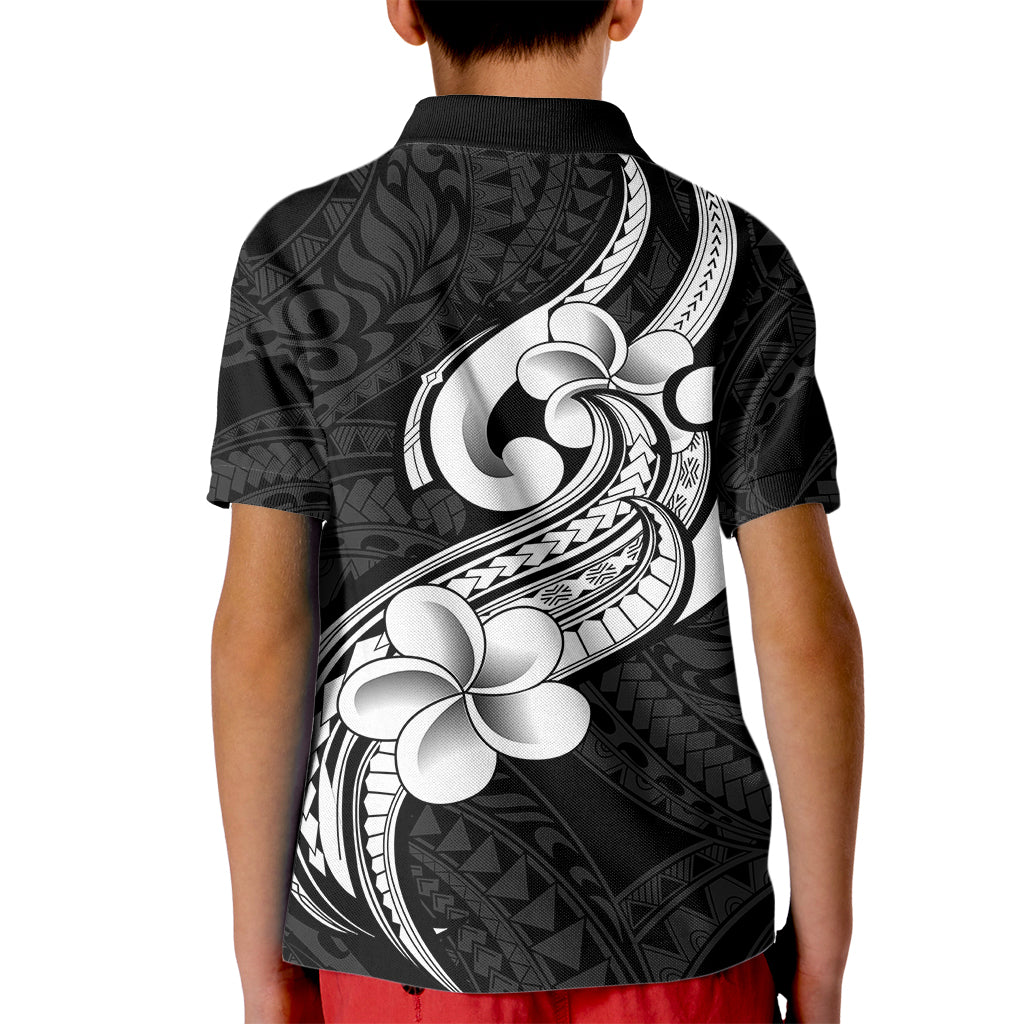 Polynesia Kid Polo Shirt Plumeria With Tribal Pattern Black Vibes - Wonder Print Shop