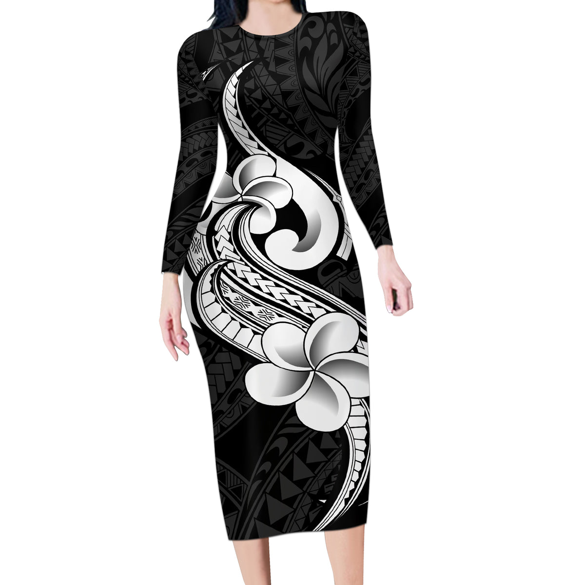 Polynesia Long Sleeve Bodycon Dress Plumeria With Tribal Pattern Black Vibes - Wonder Print Shop